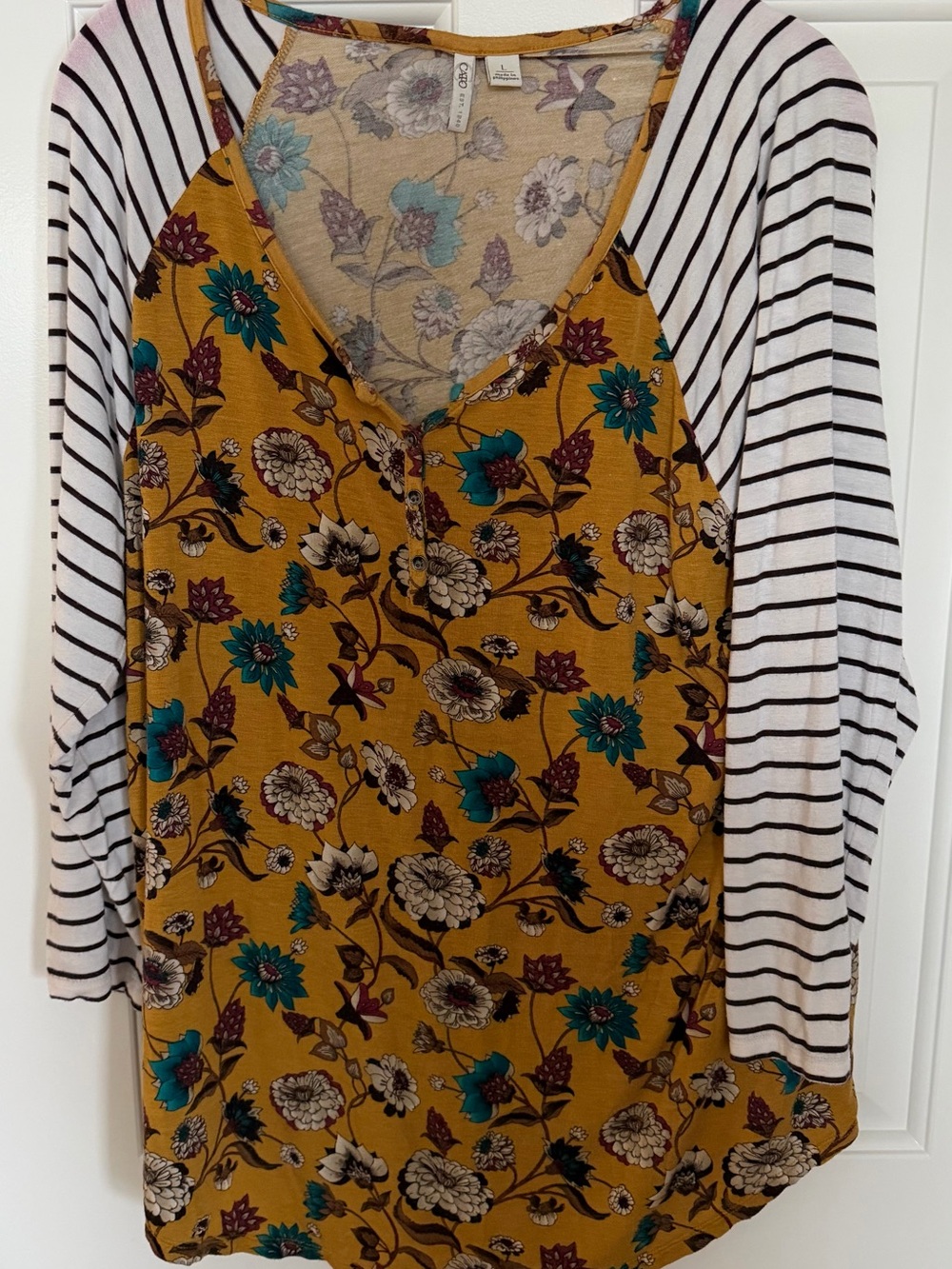 Cato Mustard Floral Raglan Long Sleeve Top with Black-and-White Stripes